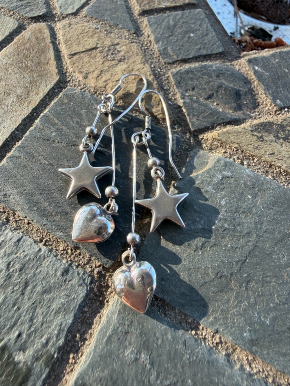 Long Star & Heart Dangle Earrings Silver Tone / Unmarked